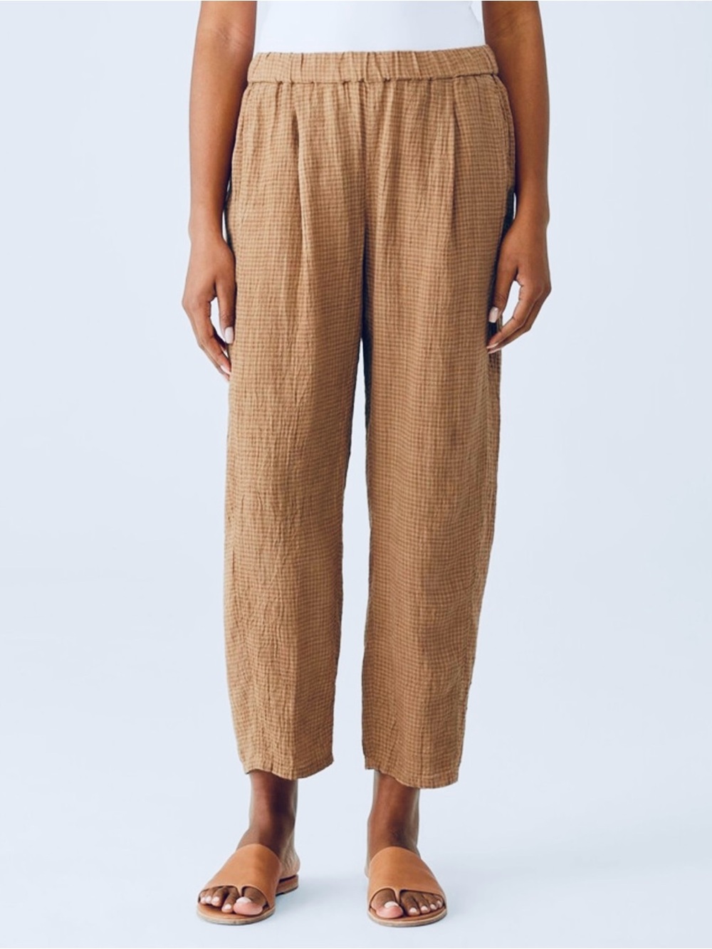 Eileen Fisher Puckered Organic Linen Chestnut Mini-Check Lantern Pants Size PL